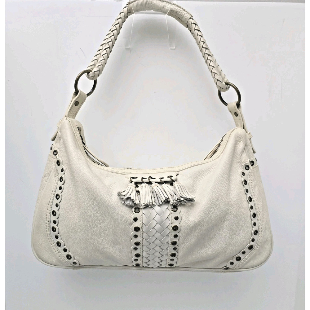 Wilsons Leather Hobo/Shoulder Bag Bronze Studs with Tassels Cream Purse Handbag